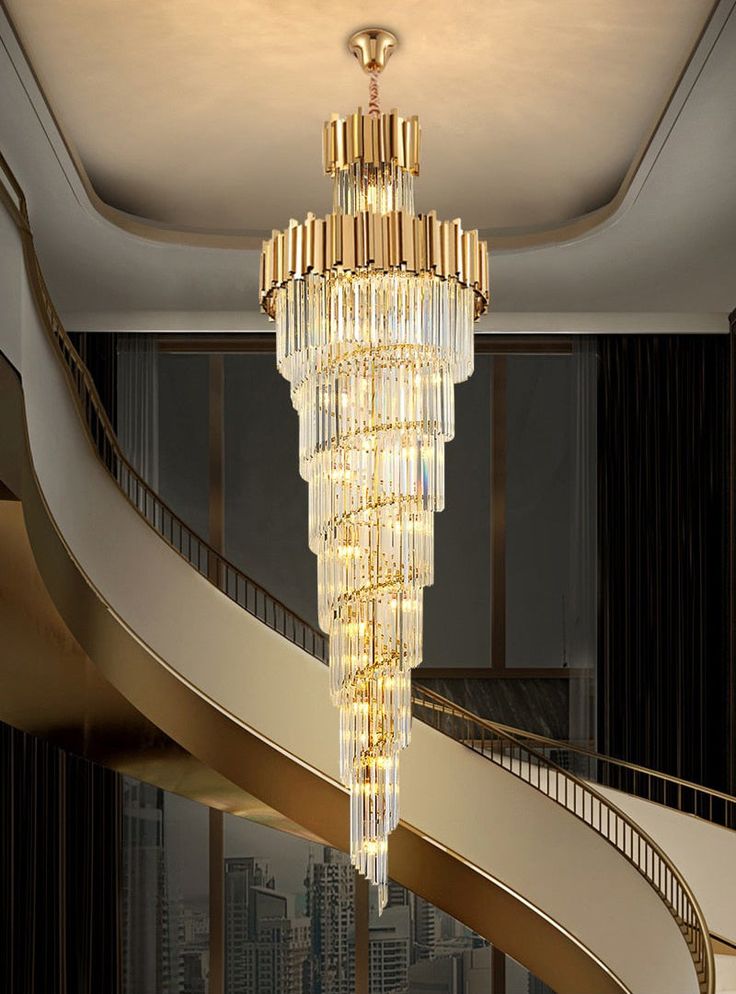 Gold and Crystal Two-Tier Double Volume Chandelier - 20 Diameter H60 (Dia50 H150cm) _ Dimmable cool light